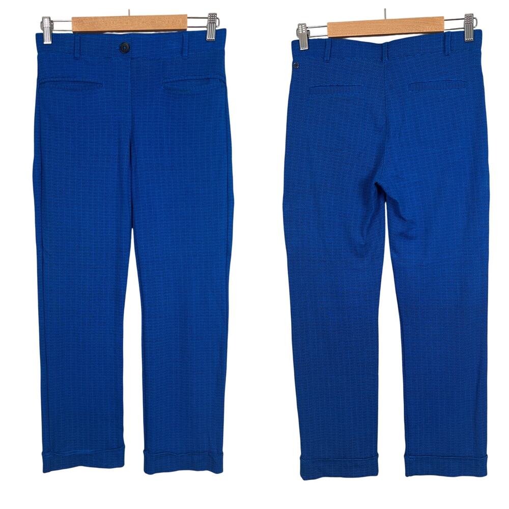 BETABRAND Women's S Blue Black Geometric Easy Crop Trouser Straight Pull On Pant